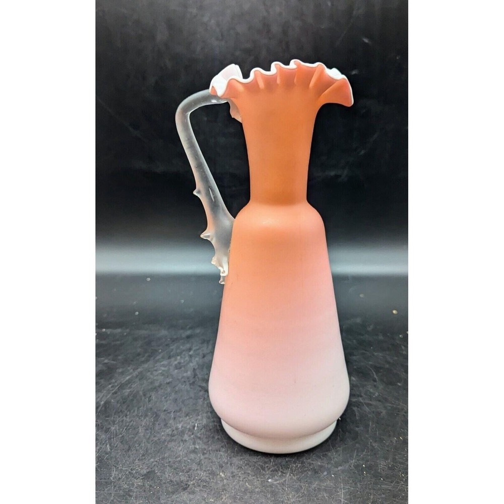 Victorian Peach Satin Glass Ewer / Pitcher Crimped Top & Applied Thorn Handle 8.